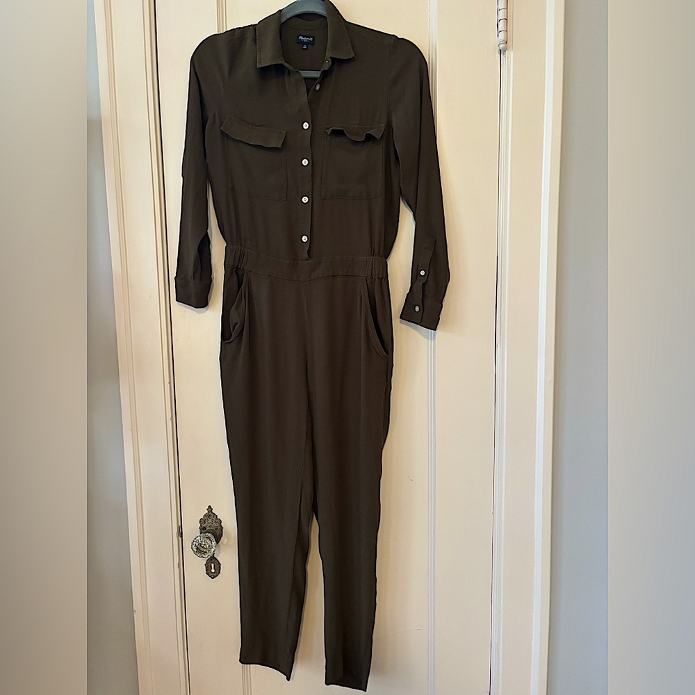 Madewell Olive Green Button-Up Jumpsuit, size XS